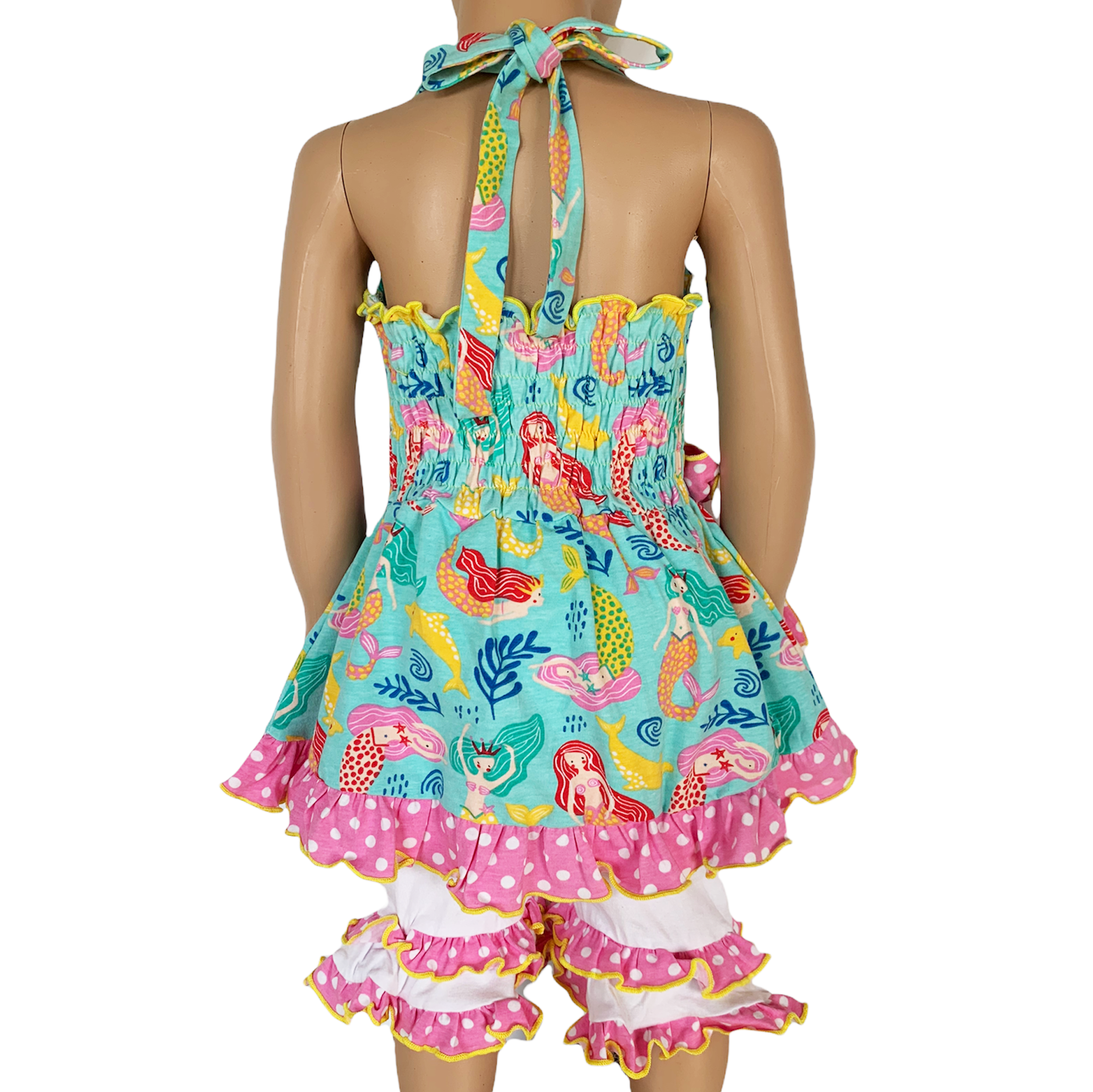 AnnLoren Girls Mermaid Halter Dress featuring a pink polka dot waistband and big bow, paired with white ruffle shorts, perfect for summer wear.